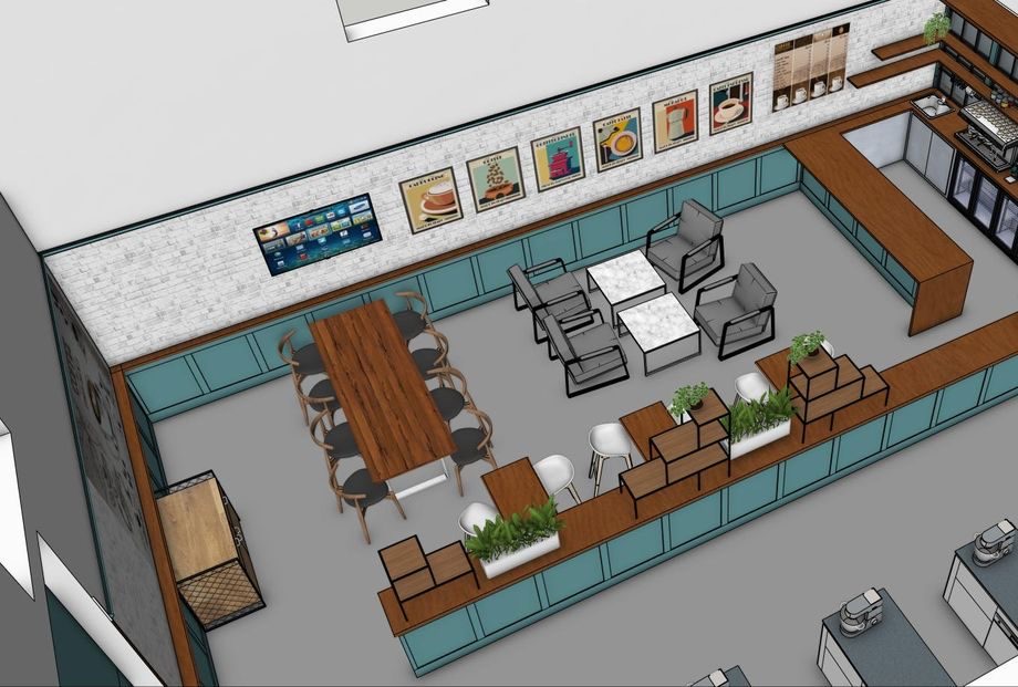 Design render of the Project 2nd Chance coffee shop: a visitor-facing café bar where trainees work real shifts, inside HMP Pentonville.