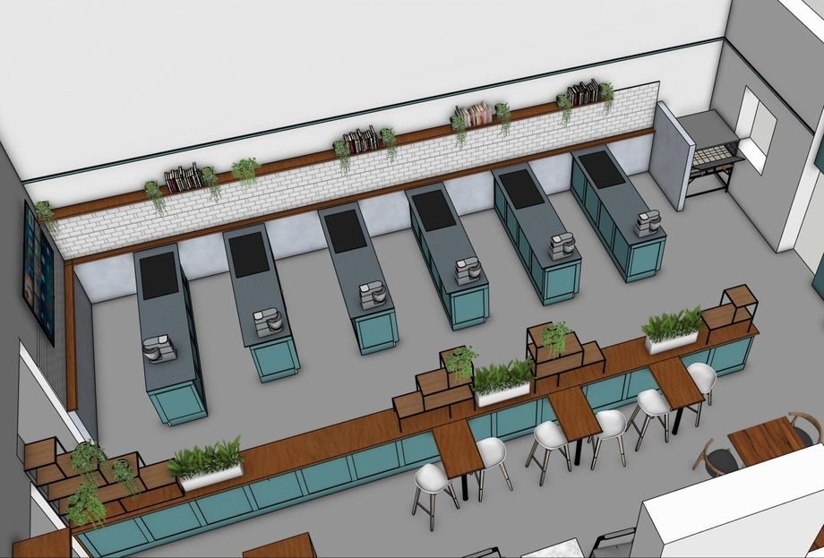 Design render of the Project 2nd Chance cookery class: rows of workstations with stand mixers, inside HMP Pentonville.